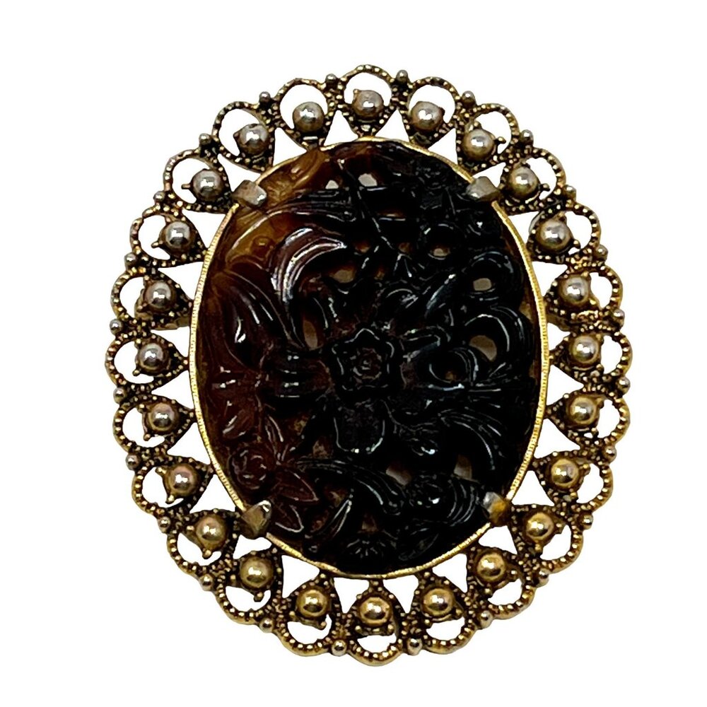 Poured Acrylic Cameo Brooch Brown Tan Flowers Gold Tone Frame Large Vintage Pin‎